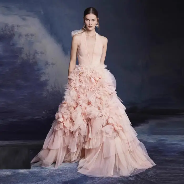 2024 Couture Halter Ruffles Prom Gown Fluffy Tulle abiti da festa Vestidos Para Mujer A strati una linea elegante occasioni formali