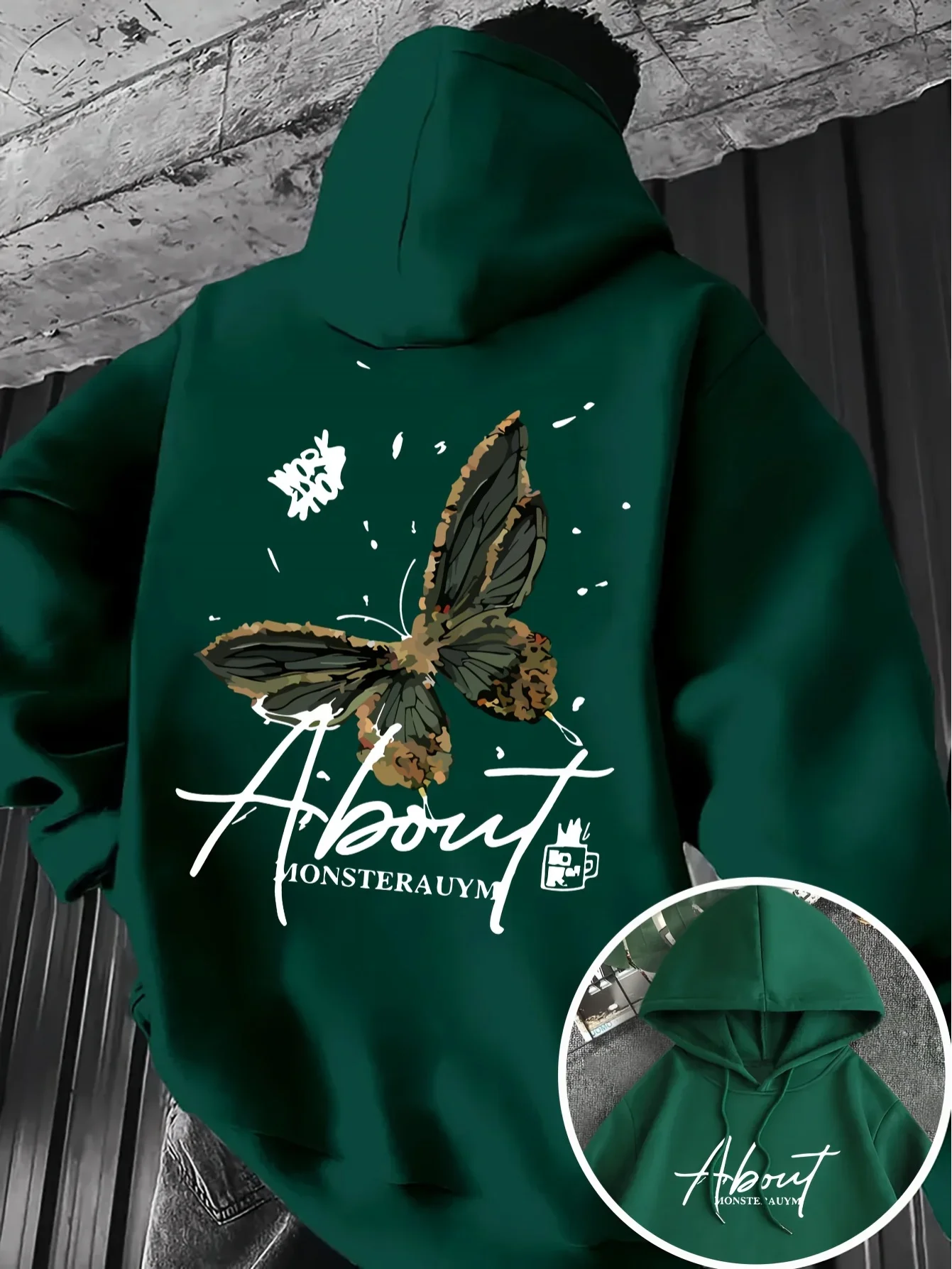 Men Retro Oil Painting Moth Butterfly Hoodie About Script Back & Chest Dual Print Hooded Sweatshirt loose fleece hoodie for men