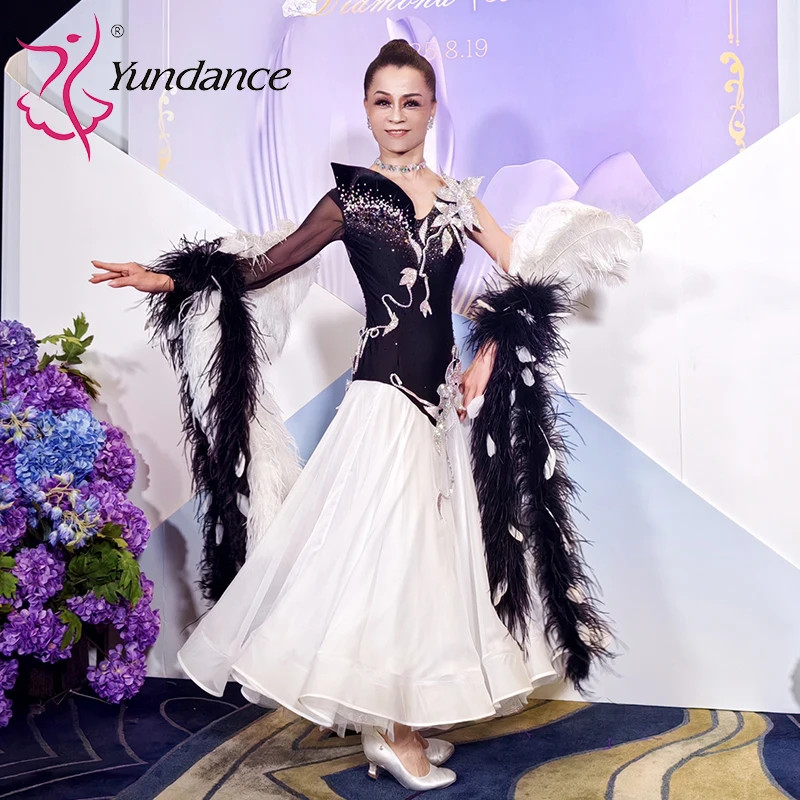 B-25044-1 Yundance Ballroom Dance Plus Size Women's Dresses Competition Waltz Modern Costume White Black Rhinestone Chiffon