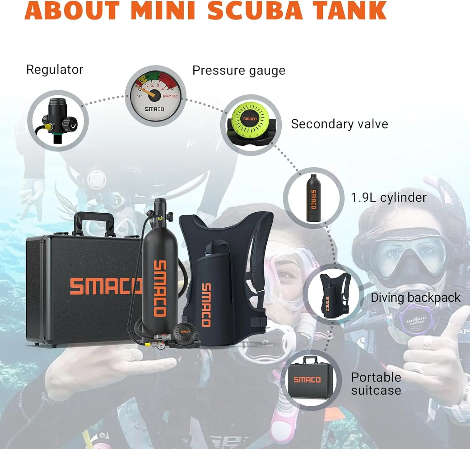 Scuba tank 1.9L Capacity Diving Oxygen Tank Support About 25 Minutes Underwater Breathing Small Scuba Tank Kit with Portable Box