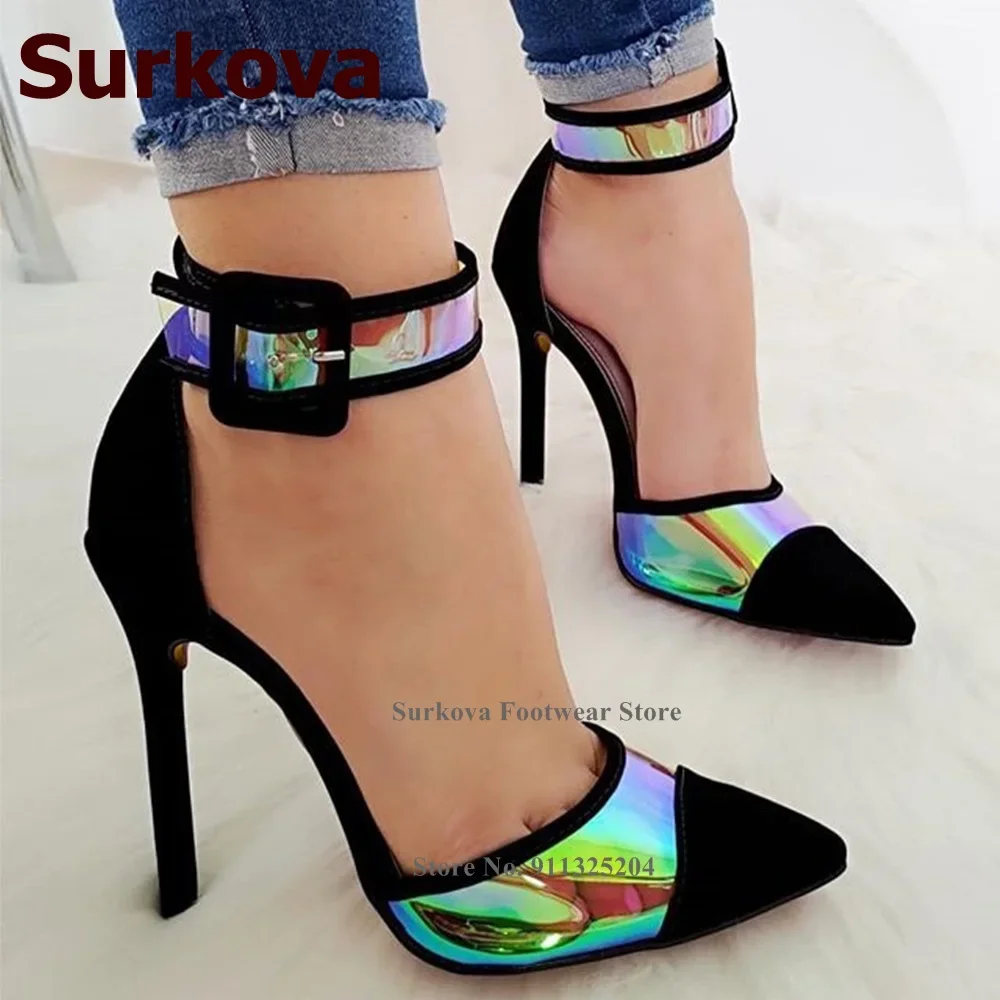 Surkova Hologram Iridescent PVC Banquet Shoes Reflective Shiny Thin Heel Dress Pumps Black Suede Patchwork Square Buckle Shoes