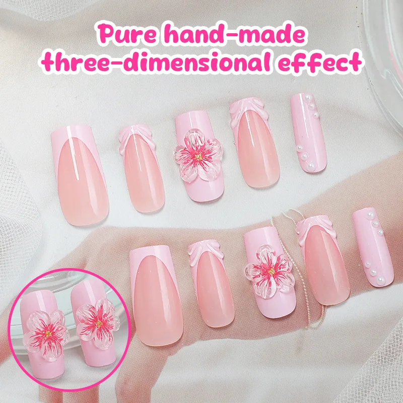 24pcs Korean Pink False Nails French Style 3D Flower Water Ripple Decor Press On Nails Mid-length Coffin Fake Nail Patches