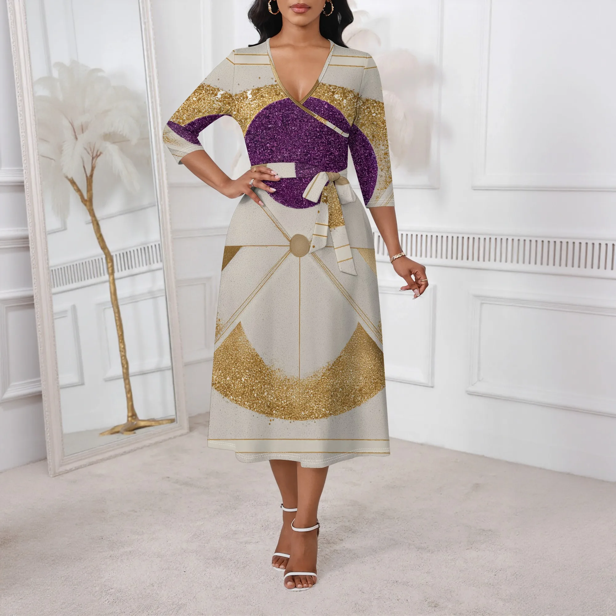 

Gold & Purple Glam Wrap Dress XS-3XL V-Neck 3/4 Sleeve Style for Easter Sunday, Award Ceremony or Elegant Evening Look