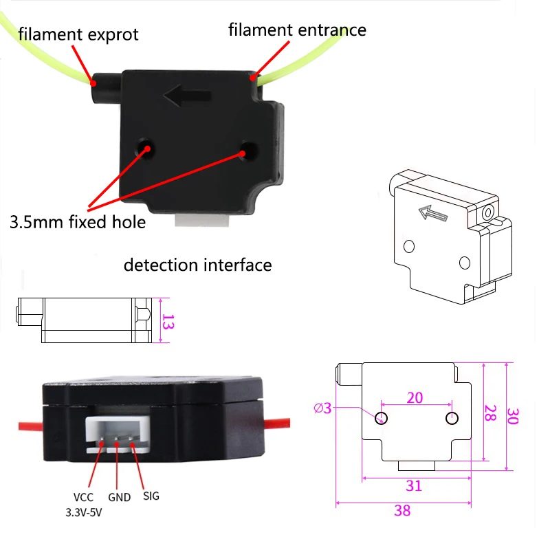 Módulo da detecção da ruptura do filamento da impressora 3d com o detector material do runout do sensor da execução do cabo de 1m para a impressora