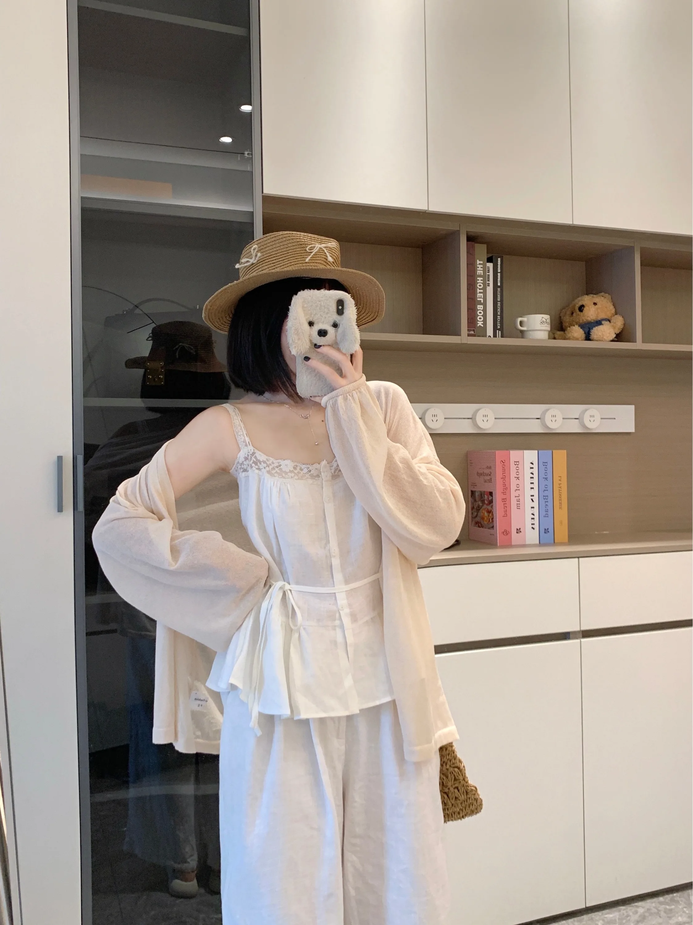 

Sweet Lace Splice Slimming Crop Top And Cardigan plus Size Women's Fashion Set Korean Style Loose Fit Long Sleeve Autumn Wear
