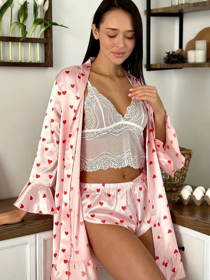Marthaqiqi Printing Female Nightgown Suit V-Neck Pajamas Long Sleeve Sleepwear Lace Up Nightie Shorts Casual Women Nightwear Set