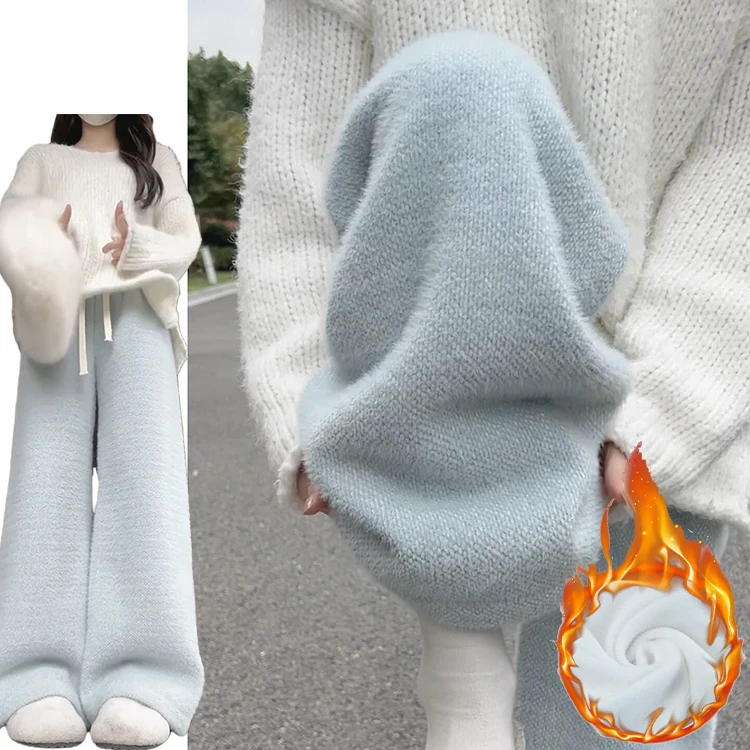 Niebieskie ocieplane spodnie damskie na jesień i zimę, nowe, z futerkiem z norek, z wysokim stanem, proste nogawki, styl casual.