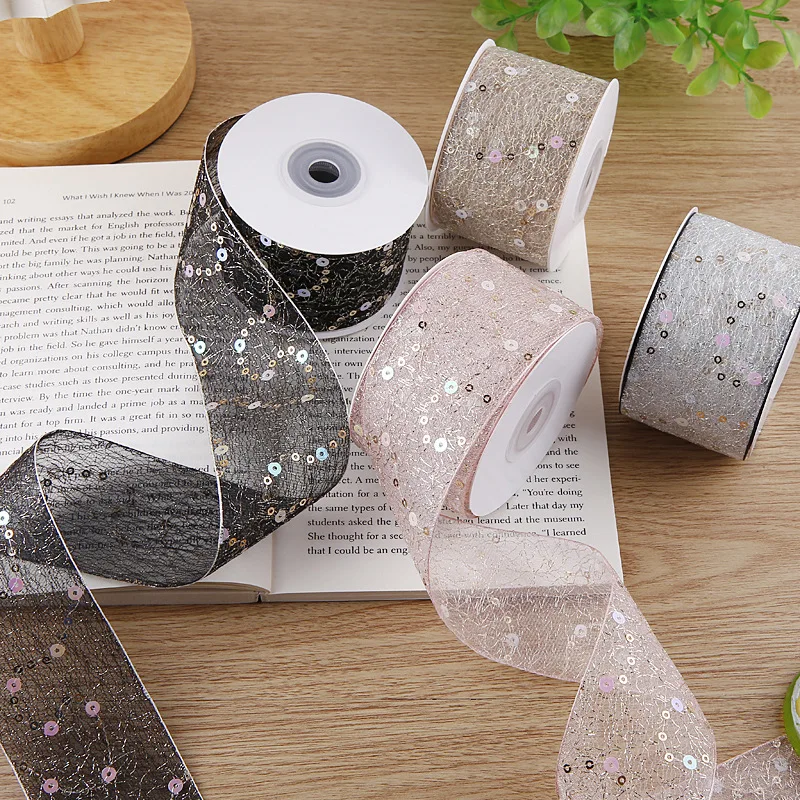 5Yards Sequin Chiffon Ribbon with Finished Edge for Clothing Sewing DIY Hair Bows Hat Decor Craft Accessories Tulle Ribbon