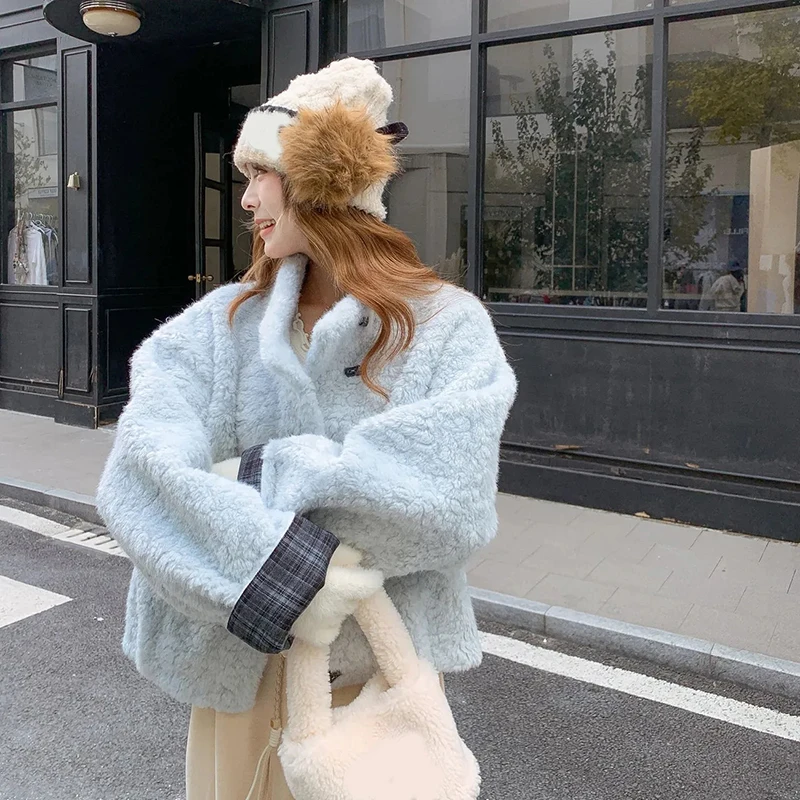 

Голубые повседневные пальто, женские зимние теплые консервативные милые клетчатые лоскутные куртки, шикарная куртка на пуговицах с длинным рукавом и воротником-стойкой, новая верхняя одежда