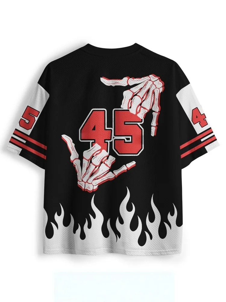 UnisexY2KSkeleton Hand Flame Fitness Graphic Mesh Jersey V‑Neck Short Sleeve Breathable Loose Streetwear Personality Sports Tops