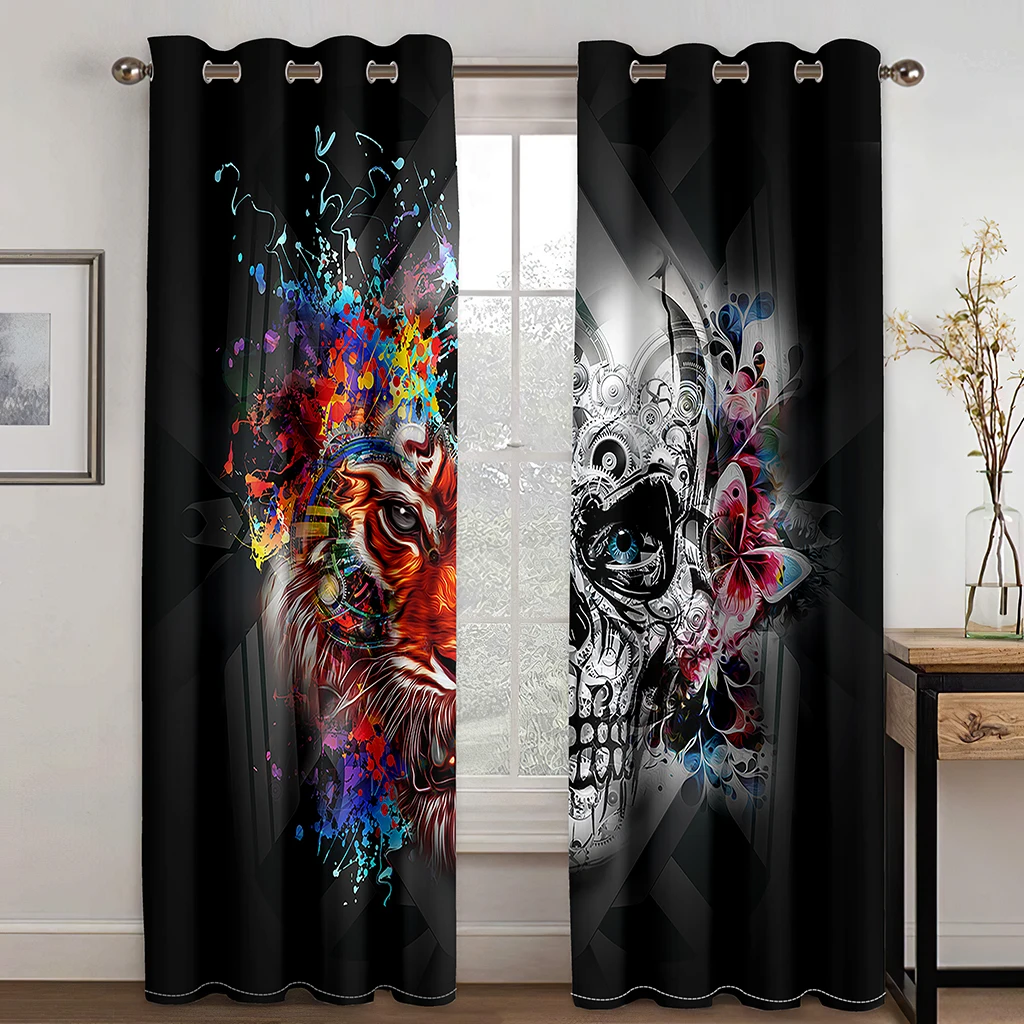 

3D Print Boy Psychedelic Abstract Art Skull Flowers Horror 2 Pieces Shading Window Curtains for Living Room Bedroom Decor Hook