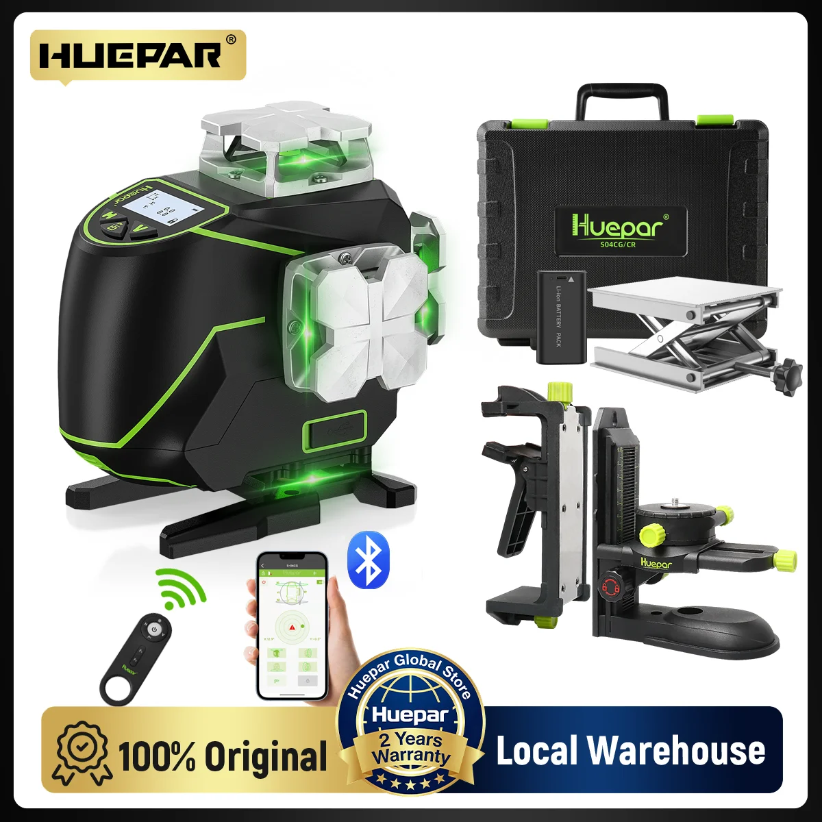 Niveau laser vert Huepar 4D 16 lignes, auto-nivelant, avec écran LCD, télécommande, étui rigide, support PV10 S04CG-A