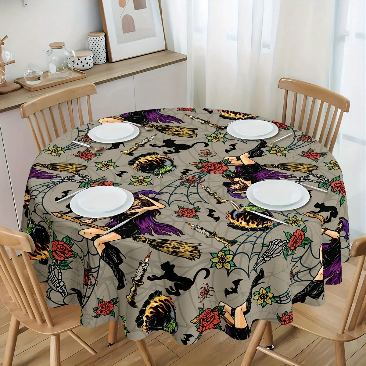 A set of Halloween tablecloth featuring a witch, bats, spider web, spiders and black cats - round polyester tablecloth