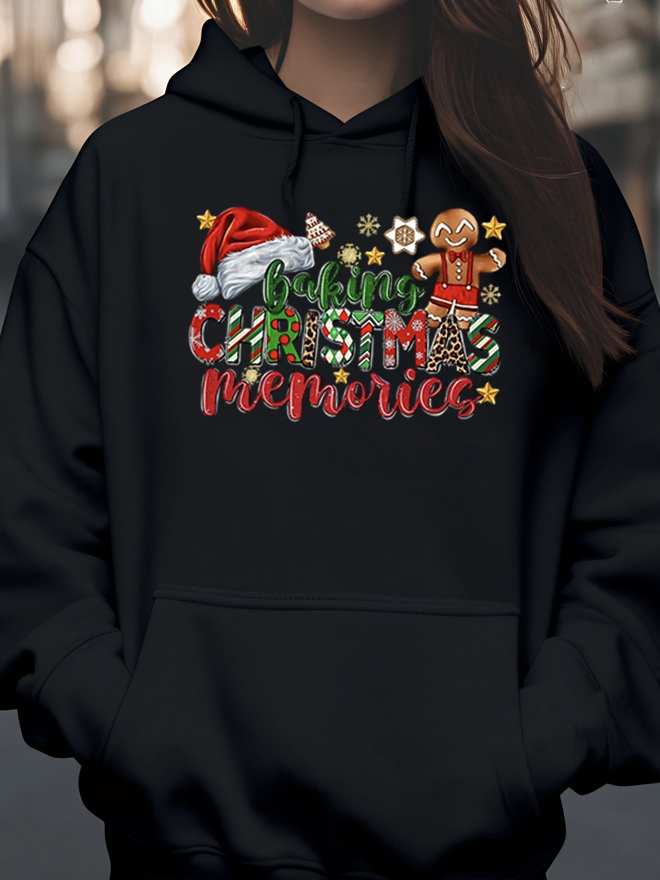 

Пряничный Санта-Рождественские воспоминания с принтом, праздничная одежда для женщин