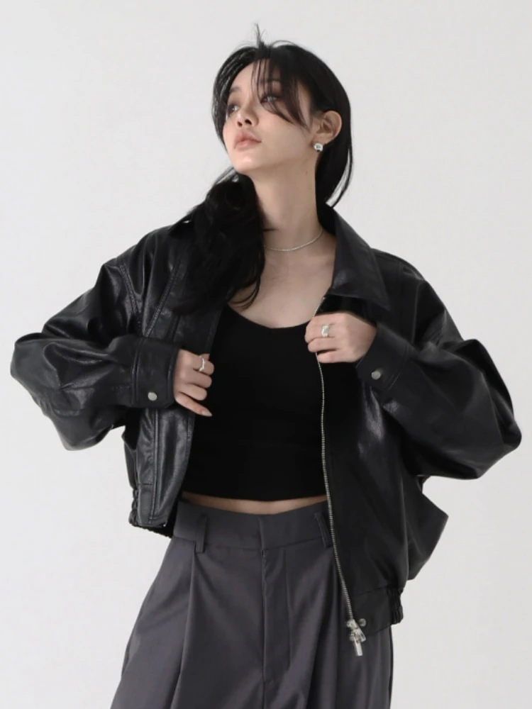 Winter Cropped Zipper Leather Jacket Women Vintage Loose High Street Moto Biker Jackets Ladies 2022 Autumn Outerwear Korean Coat