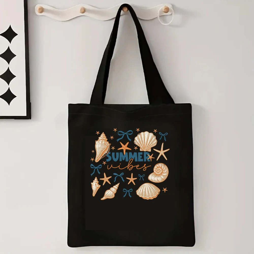 Summer Vibes Canvas Tote Bag Cute Pink Bow Ribbon Seashell Starfish Print Aesthetic Coquette Shoulder Purse Beach Bag