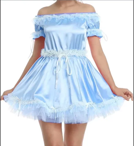 프랑스어 섹시한 성인 맞춤형 페티시스트 Crossdressing 시시 레이스 트리밍 오프 어깨 짧은 소매 허리 어깨 레이스 스트랩 Dres