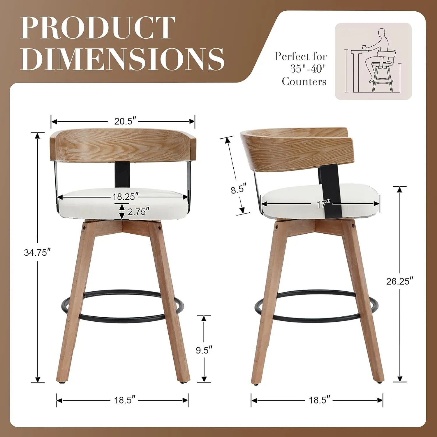 Mid-Century Bar Stools 4pc, 26in Swivel Counter Height Linen Stool w/ Barrel Backrest Wood Legs for Kitchen Island, Customized