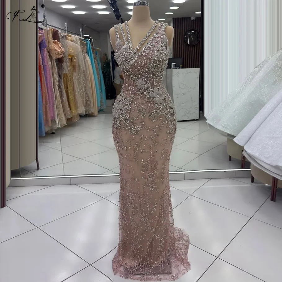 Shiny Crystal Spaghetti Strap Evening Gown Sequin Floral Dress Pink Mermaid Party Dress Long Prom Dress Haute Couture Dress