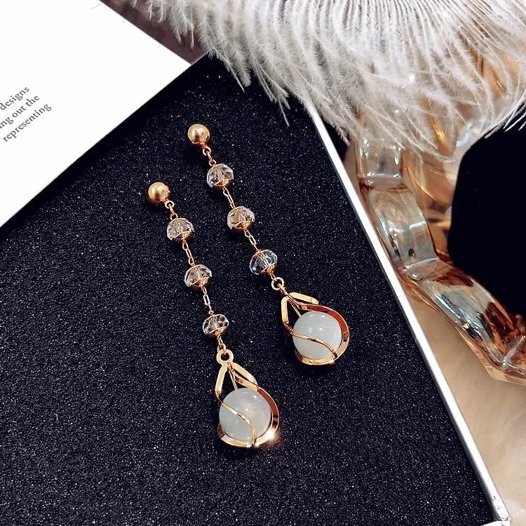 Темпераментные длинные опаловые серьги с кристаллами из австрийской индивидуальности, простые серьги с кисточками из серебра 925 пробы Темпераментные длинные опаловые серьги с кристаллами из австрийской индивидуальности, простые серьги с кисточками из серебра 925 пробы