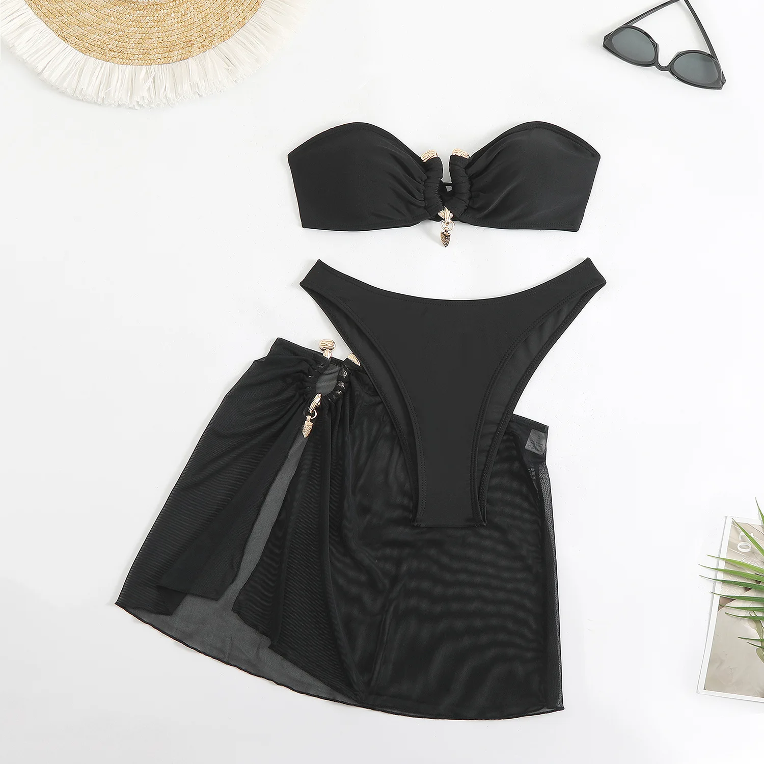 

New 3 Pieces Set Metal Buckle Swimsuit Women Black Swimwear Sexy Thong Bikini with Sarong Skirts Beach Wear Bathing Suit Holiday