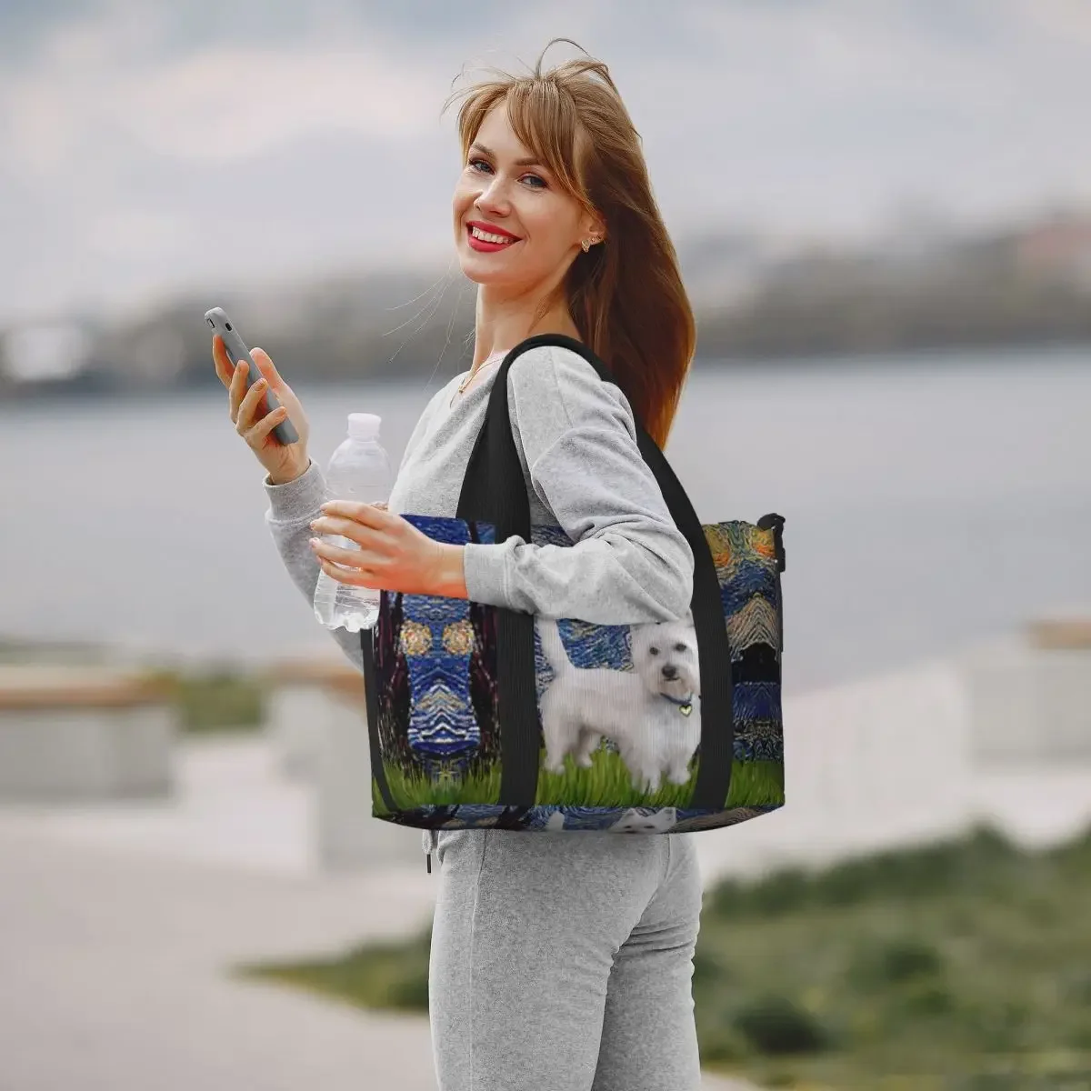 مخصص ليلة مرصعة بالنجوم ويست هايلاند جحر حمل حقيبة المرأة سعة كبيرة Westie الكلب فان جوخ الفن رياضة الشاطئ الكتف حقيبة سفر