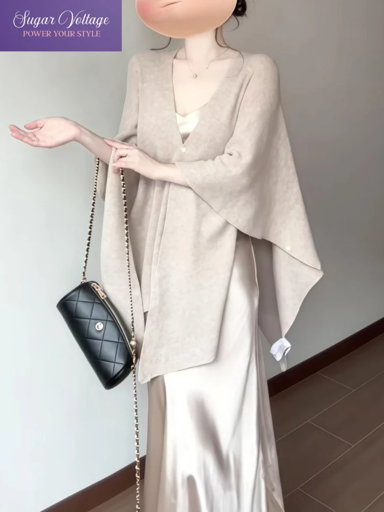 

Autumn Korean Fashion Elegant Luxury 2 Piece Set Women Slim Temperament Knitted Shawl + Satin Dress French Casual Solid Outfit