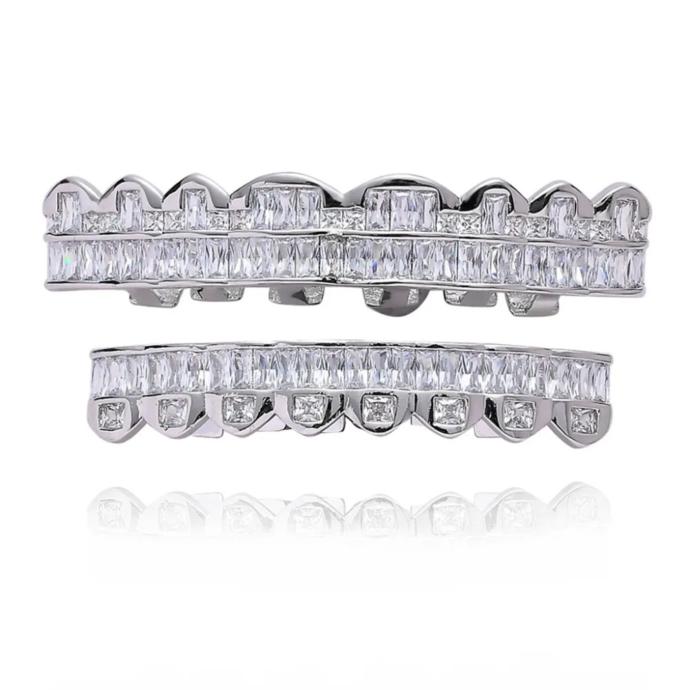 

Hip Hop Iced Bling Baguette Zircon Teeth Grills for Women Men Body Piercing Jewelry Hollown Rapper Tooth Grillz 8 Top & 8 Bottom