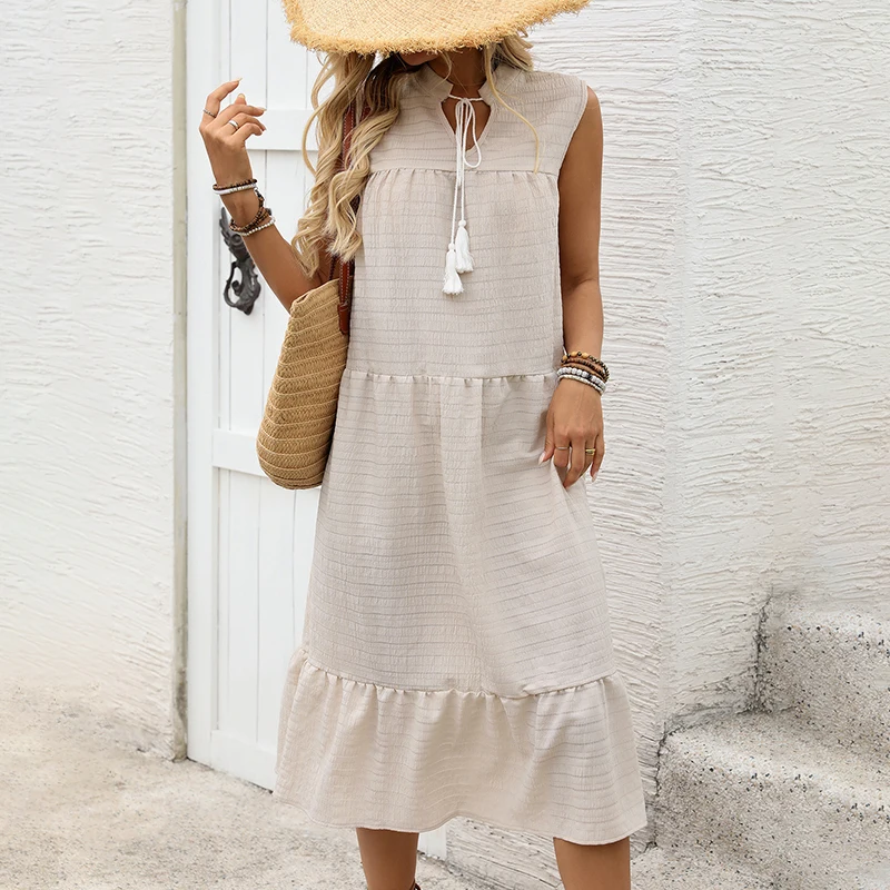 

Women's Khaki Boho Sleeveless Tie Neck Tiered Ruffle Midi Dress Casual Summer Beach Vacation