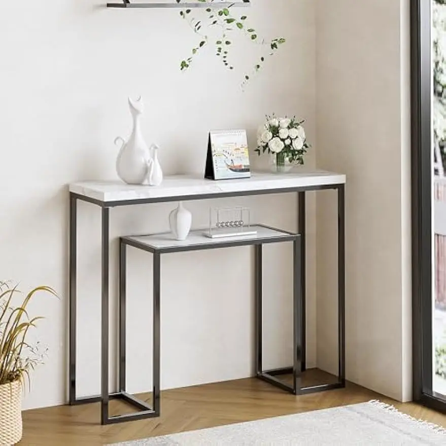 

Comfort Corner Modern Entryway Console Table - 40 Inch Narrow Faux Marble with 2 Tier Storage Shelves,White Faux Marble Top