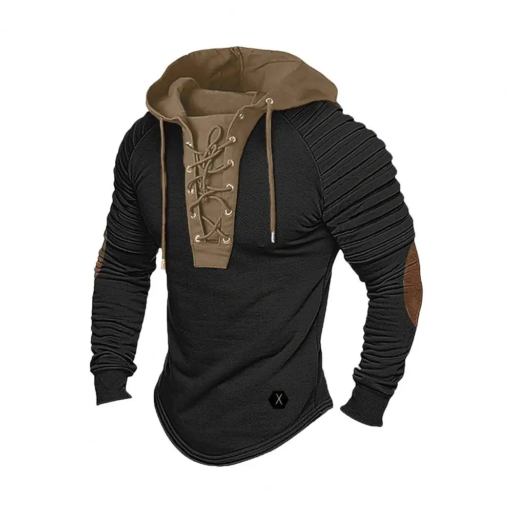 Men Color Block Hoodie Colorblock Drawstring Hoodie with Pleated Shoulders for Men Retro Style Pullover with Lace-up for Men