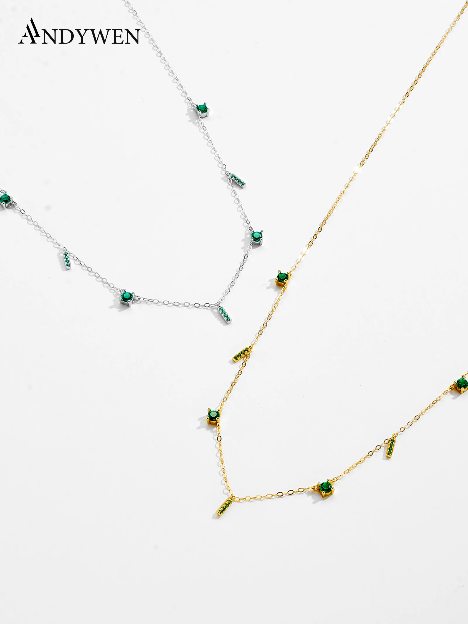 

ANDYWEN 925 Silver Morning Dew Necklace with Forest Green zircon staggered components, a light party whitening declaration style