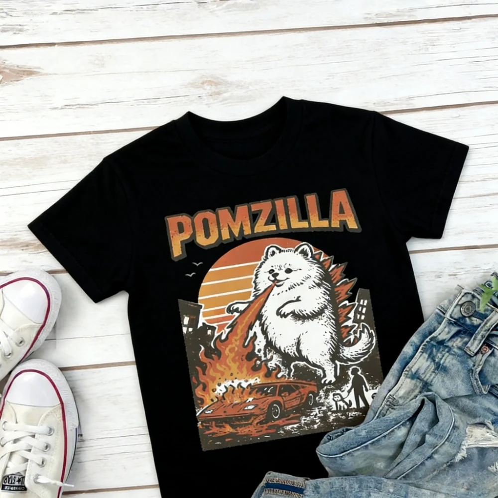 Funny POMZILLA Pomeranian Shirt Vintage Comic Monster Pom Tee Weird Fire-Breathing Dog T-Shirt Unique Dog Lovers Gift Tops