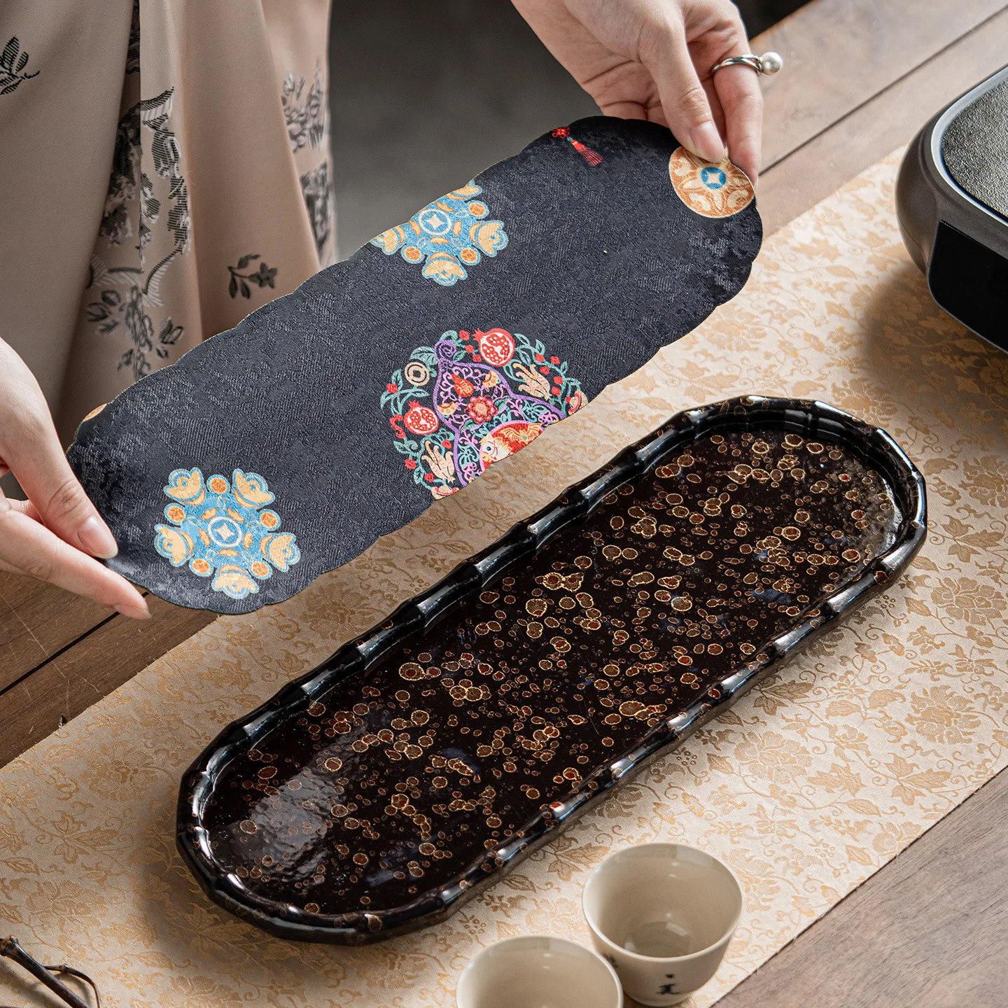 Handmade Lacquerware Bamboo Tea Tray for Home Exquisite High-end Brocade Tea Mat Dry Soaking Table Pot Holder Bamboo Tray