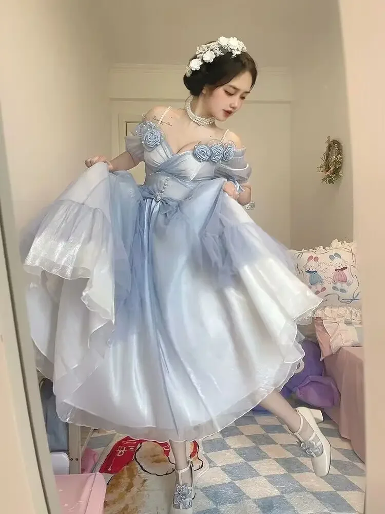 Gradient Blue Lolita Dress Women 2023 Summer New Sweet Lolita Dress Birthday Party Dress For Young Girls