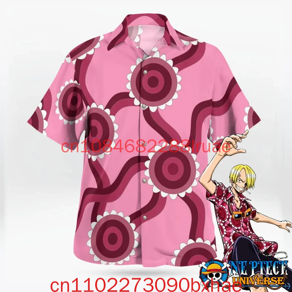 

New One Piece Pink Sanji Skypiea Shirt Hawaiian Pattern Street Trendy Men's Shirt Retro Button Children's Hawaiian Shirt