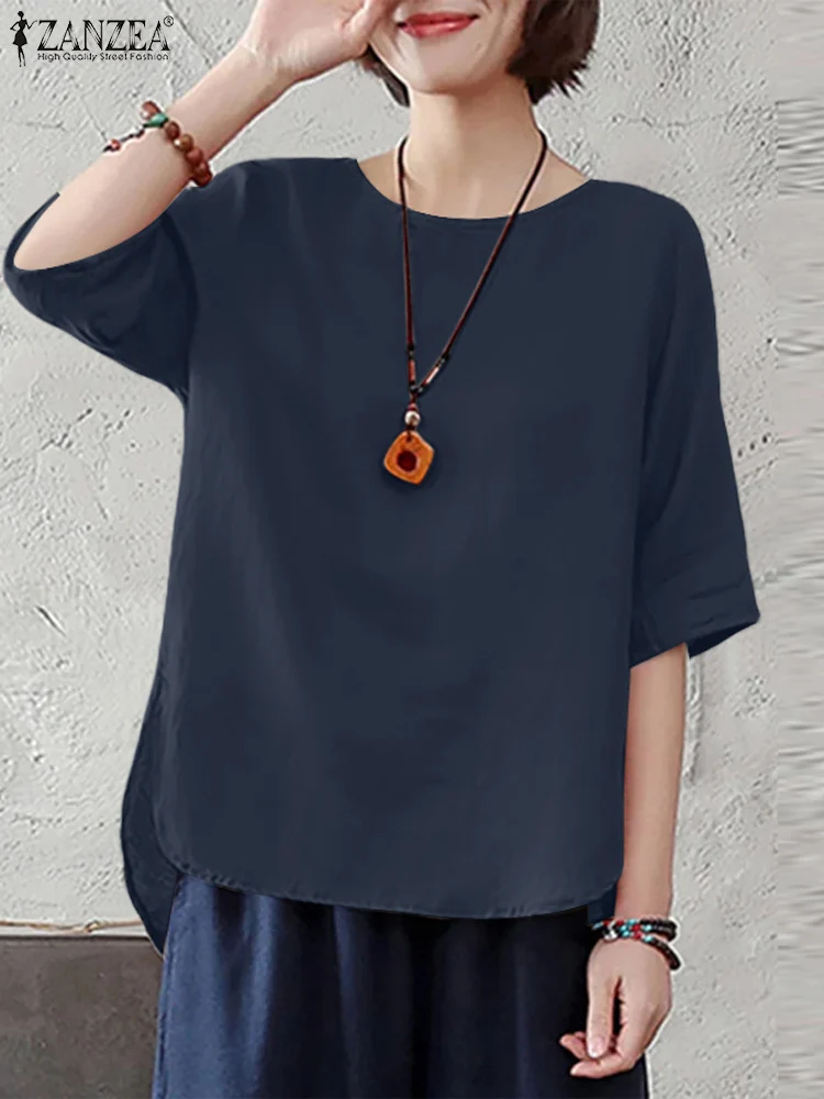 

ZANZEA 2024 Summer O Neck Blusas Holiday Fashion Half Sleeve Women Tunic Tops Solid Color Oversize Casual Loose High Low Blouses