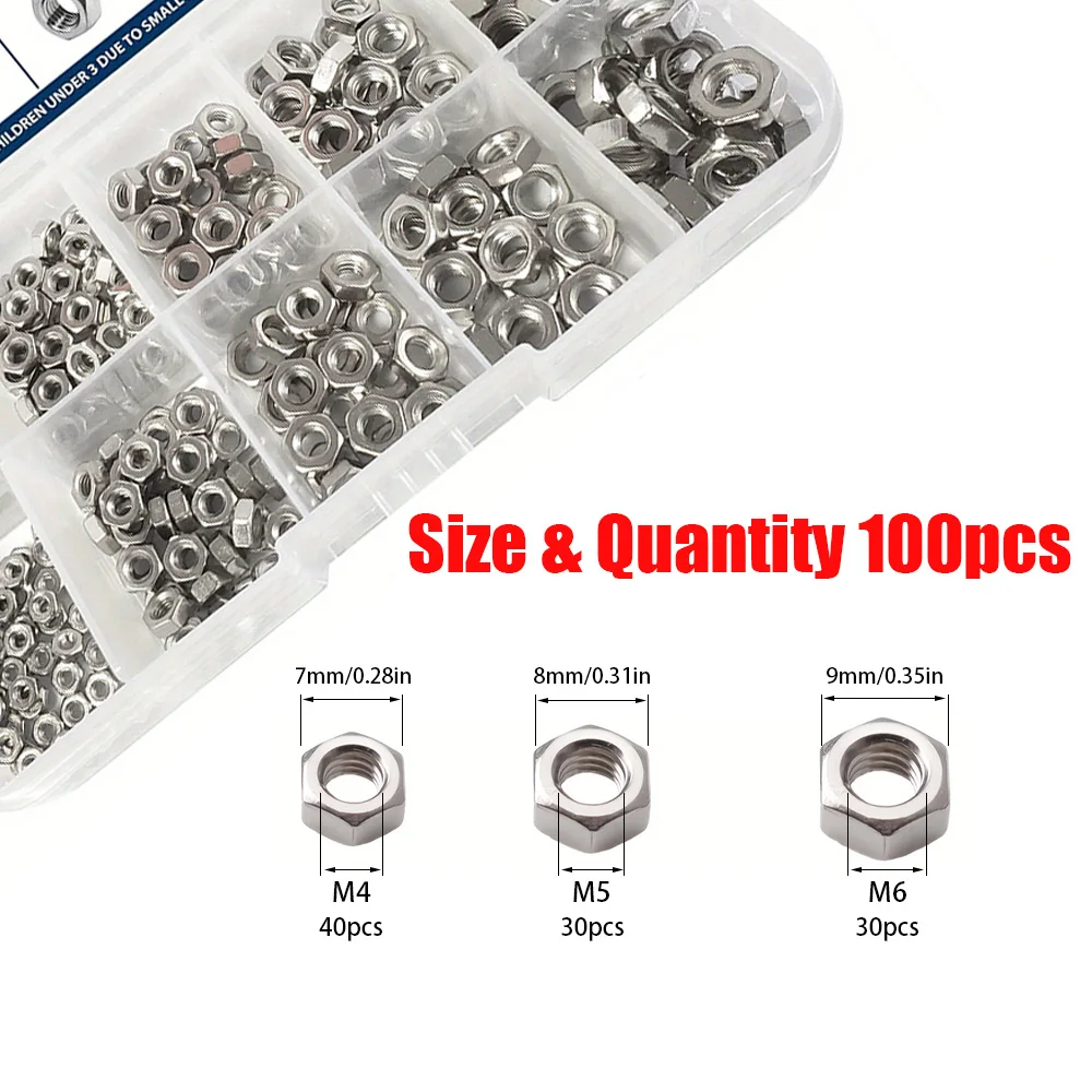 100 Pieces of Stainless Steel Hex Nuts M4/M5/M6, Suitable for Renovation and Maintenance Projects, and Home DIY Projects.