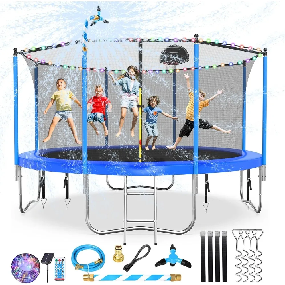 Trampoline Outdoor, Large Kids Trampoline with Light, Stakes, Sprinkler, Backyard Trampoline with Basketball Hoop and Net