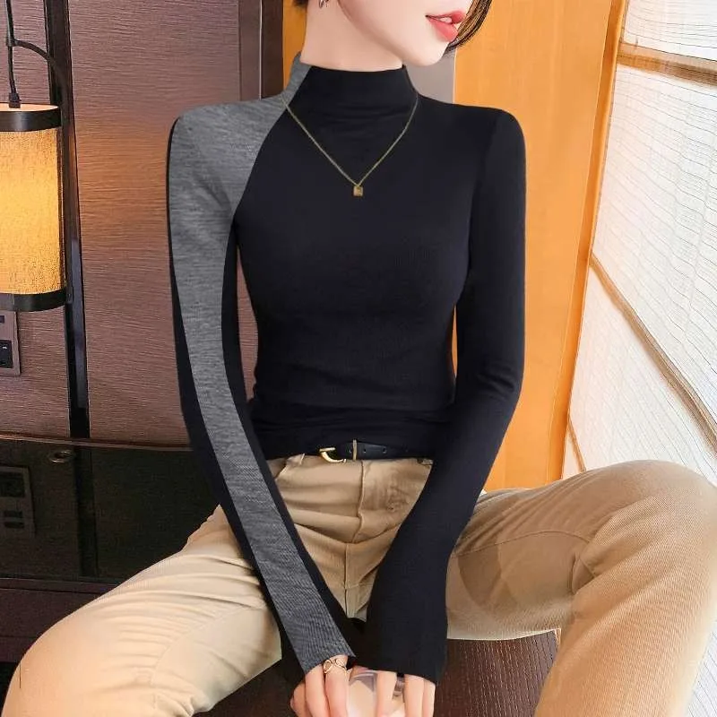 المرأة الجديدة نصف الياقة المدورة قاع قميص الخريف الشتاء بأكمام طويلة سليم المناسب المرقعة الأعلى #2