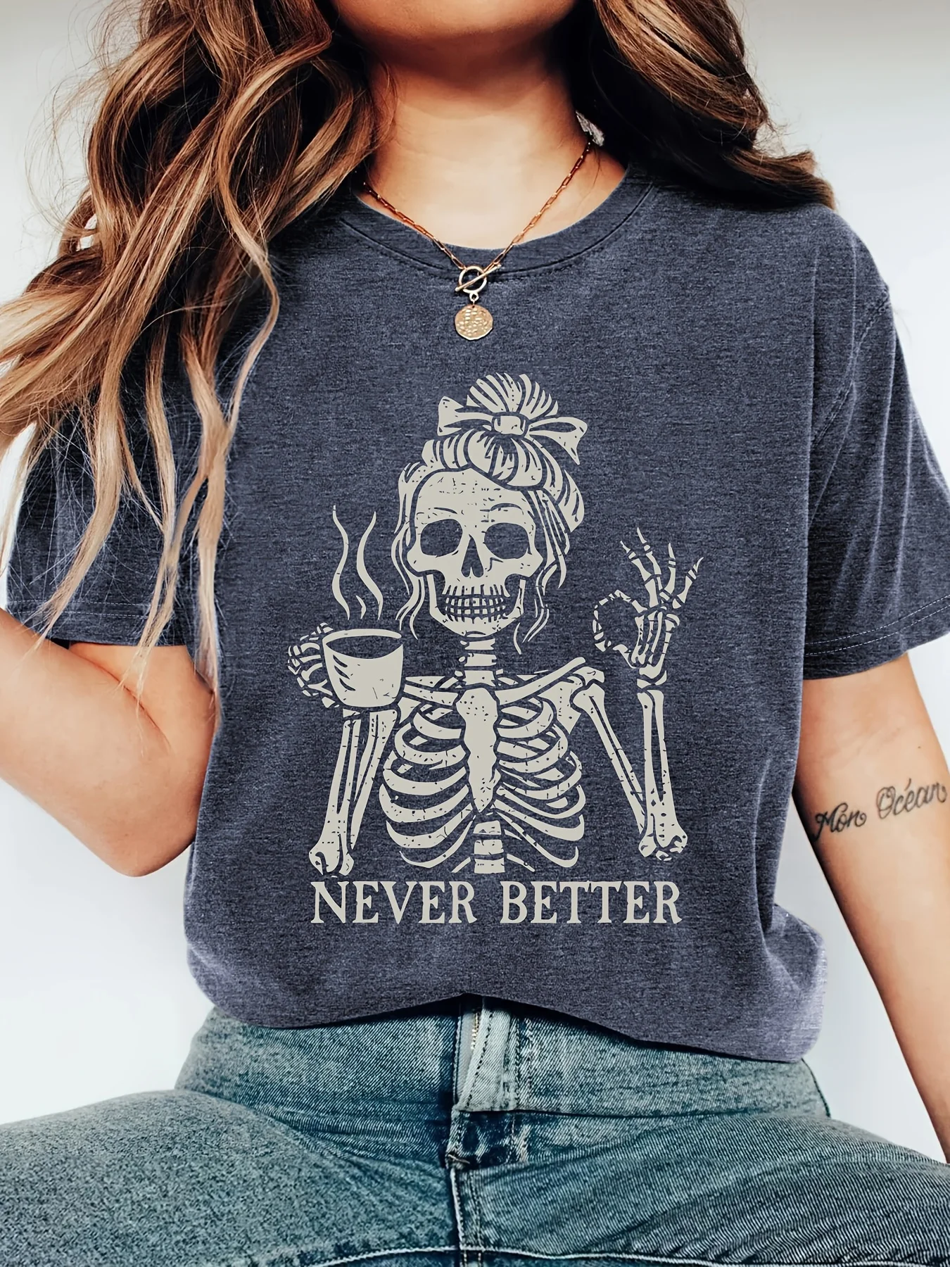 Skull Drink Coffee Printed Women's T-Shirt | 