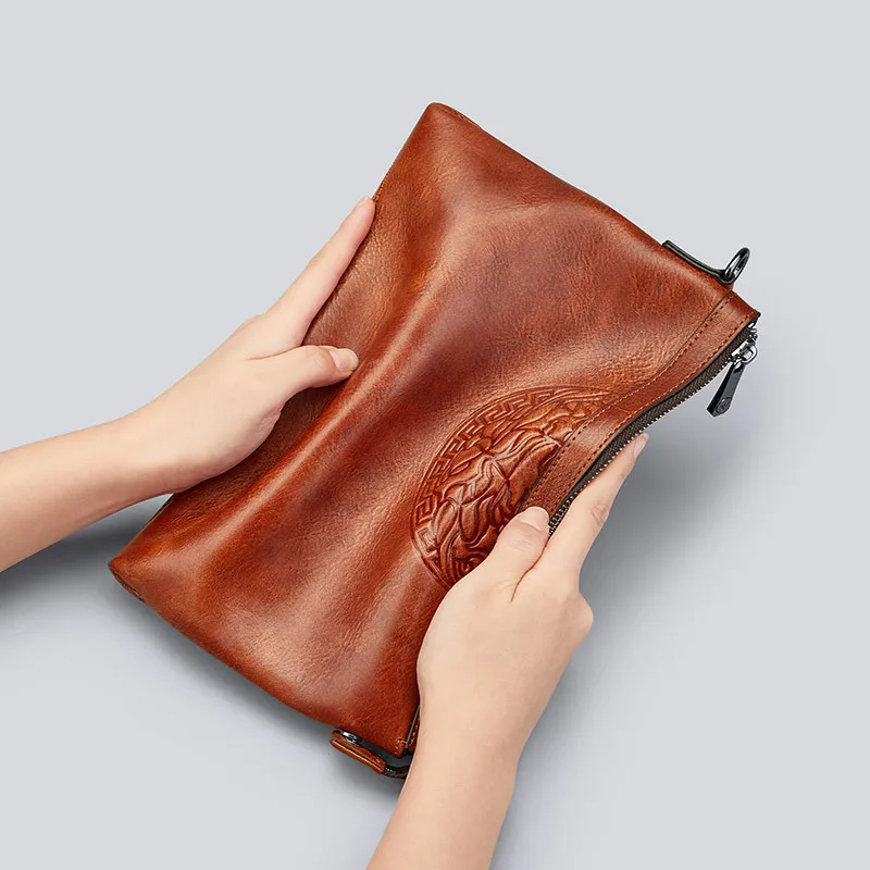 Men's Distressed Leather Envelope Clutch: Premium Grain Cowhide Vintage Wallet Handbag