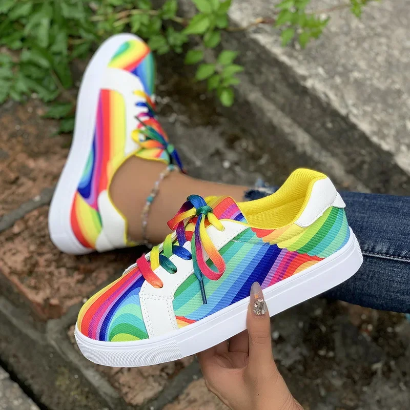 Rainbow Printed Sneakers for Women Casual Shoes 2024 New Spring/Autumn Flat Sport Shoe Zapatos De Mujer Plus Size 43