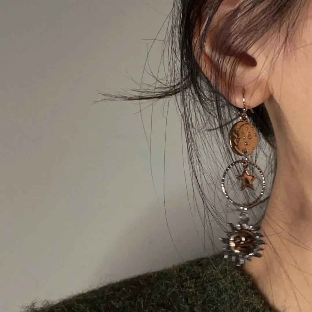 خمر غير المتكافئة نجمة الشمس القمر إسقاط أقراط للنساء شخصية العتيقة النحاس اللون هوب القرط مجوهرات اكسسوارات #4