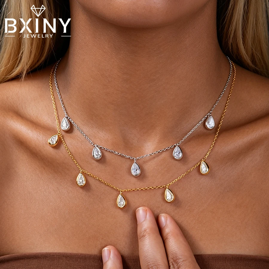 

BXINY 5-Stone WaterDrop Moissanite Pendant Necklace S925 Silver Bezel Set Pear Diamonds NeckChain for Women Bridal Gifts Jewelry