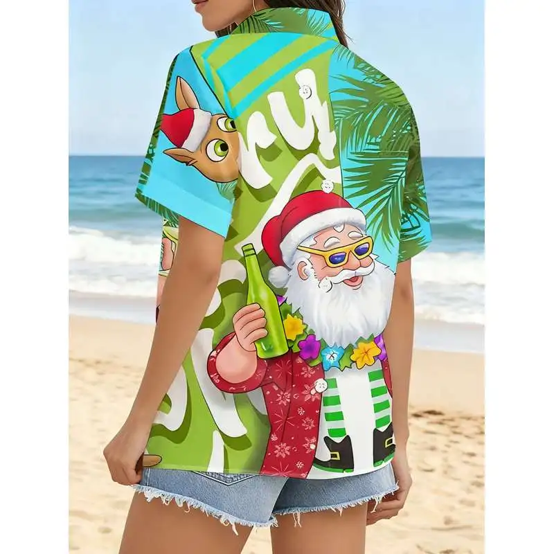 Women's Casual Short-Sleeve Button-Up Shirt Christmas Santa Claus Kangaroo Tropical Seaside Resort Pattern Machine Washable Styl