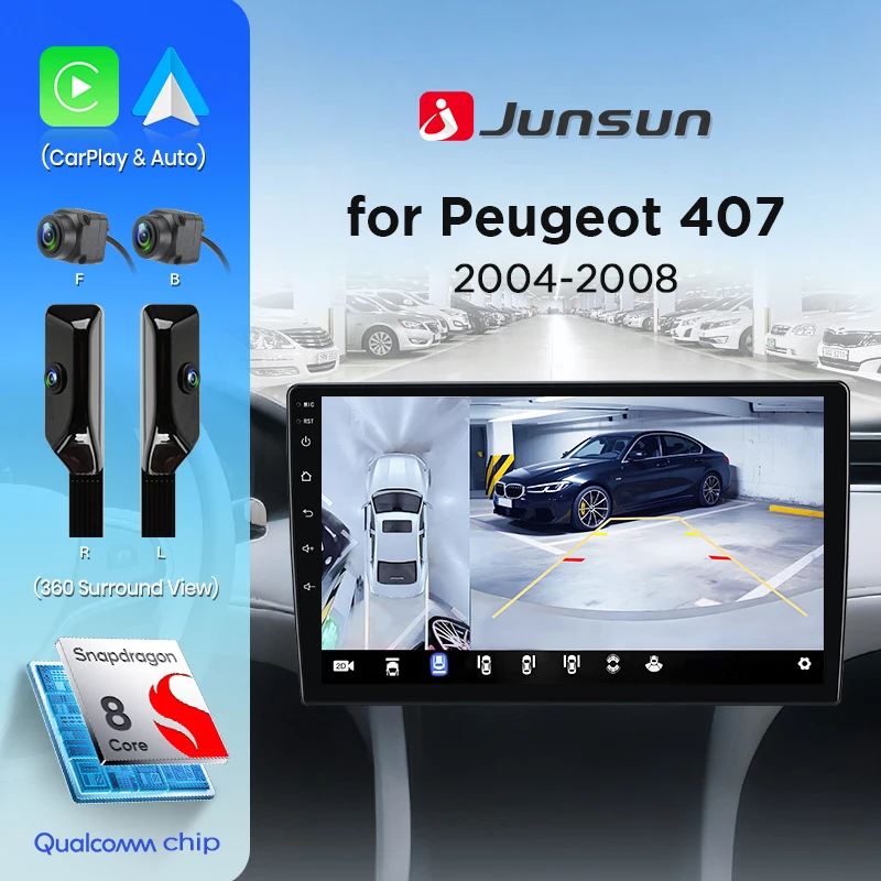 Junsun 360 °   Panoramakamera-Autoradio für Peugeot 407 CC SW 407CC 2004-2011, kabelloses CarPlay, Android Auto, Stereo, GPS, RDS, integrierte Cloud, eSIM, 4G