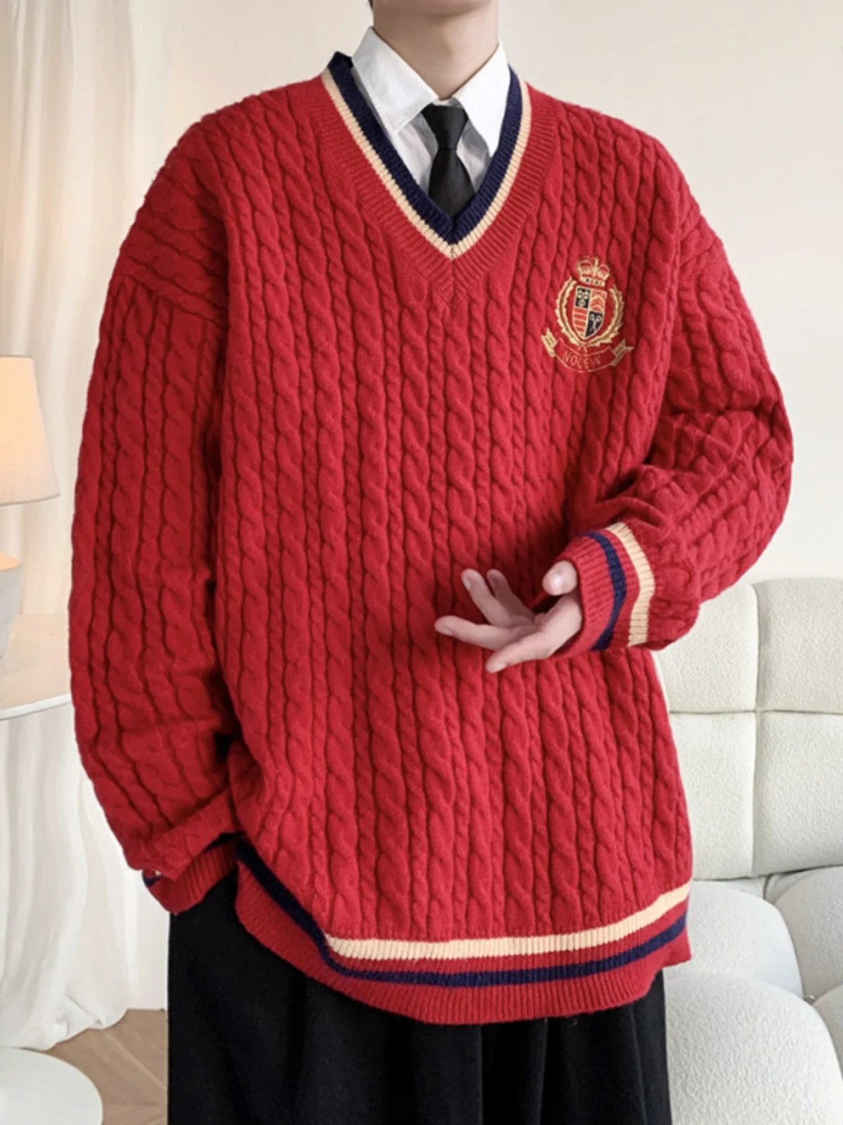 

Красный вязаный базовый слой Ankela для мужчин: осенне-зимний свитер с V-образным вырезом, повседневный, комфортный, мягкий, толстый, с длинными рукавами