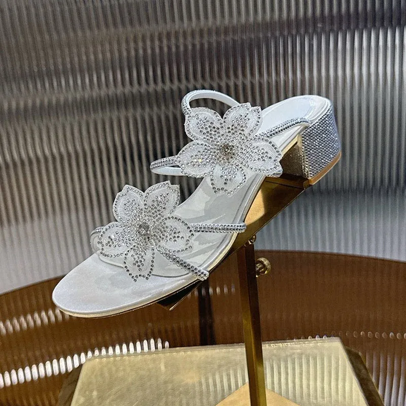 Slippers Open Toe Rhinestone Flower Decor Sandals Summer Women's Thin Strip Design Thick Heel Dress Shoes Wedding Shoes - view 4