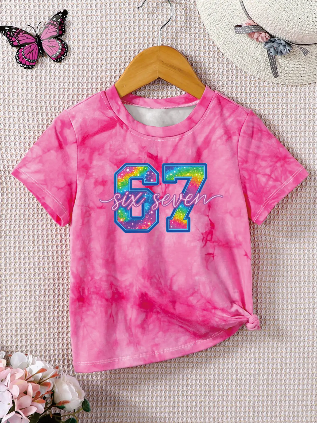 Kids Girls Pink Tie-Dye T-Shirt, Rainbow Glitter 